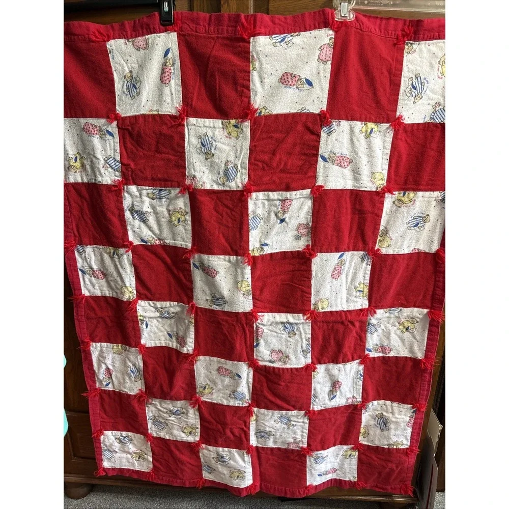 VTG Patchwork Baby Blanket Teddy Bears Quilt Handmade Tied Red White